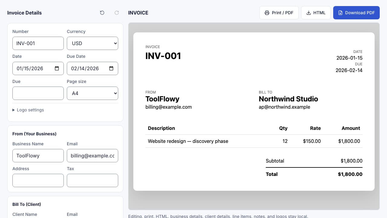 Screenshot of the Invoice Studio interface