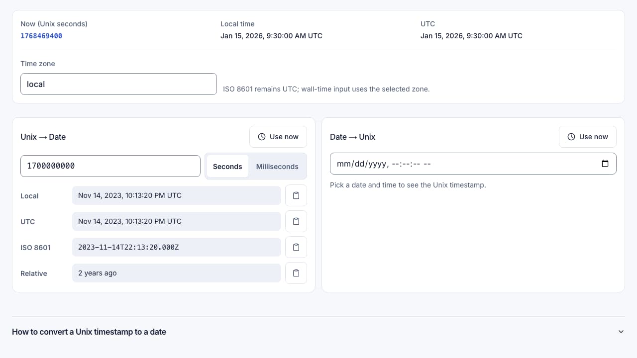 Screenshot of the Timestamp Converter interface